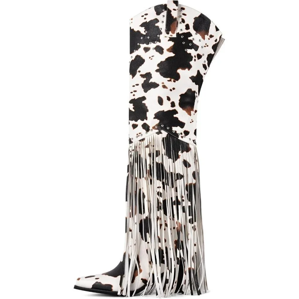Women Cow Print Synthetic Fringe Thigh High Tassel Wide Over Knee Pointed Boot